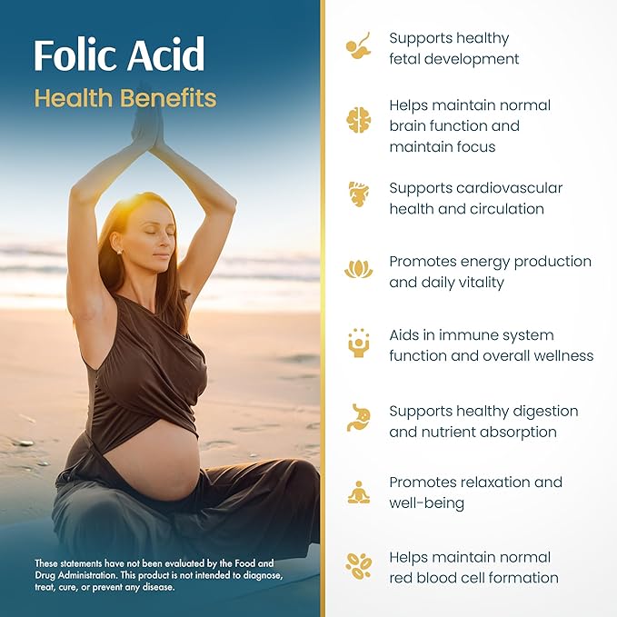 Vykee Nutrition Folic Acid Capsules - Supports Body Processes, Prenatal Health and Energy - Vitamin B9 Supplement for Women - Vegan, Non-GMO, Gluten Free - 1100 mcg, 120 Count