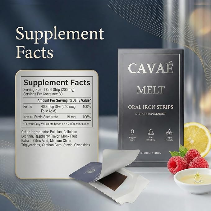 Cavae Oral Iron Strips - Oral Dissolving Film, Ferrovia Iron Supplement for Women, 19 mg Iron with Folate, Fast-Dissolve, Raspberry Flavor, 30 Day Supply