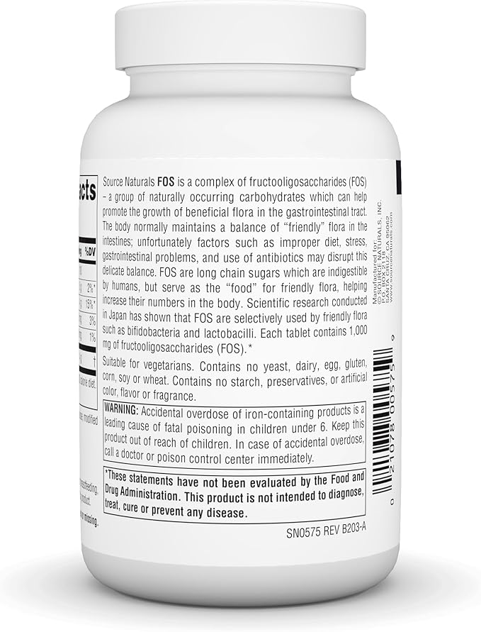 Source Naturals FOS 1000 mg Fructooligosaccharides Probiotic Enhancer - 100 Tablets