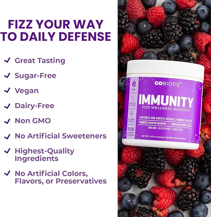 GOBIOTIX Vitamin C - Immune Defense Support Supplement - Immunity Powder Wellness Booster - Vegan Superfood - Elderberry, Turmeric, B12 Vitamin Supplement, Non-GMO and Sugar Free (Berry)