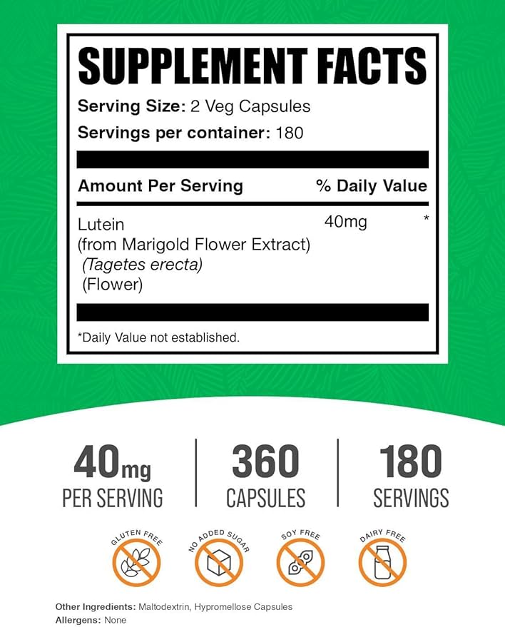 BulkSupplements.com Lutein Capsules - Eye Vitamins, Antioxidant Source - Gluten Free, 2 Capsules per Serving, 40mg Serving, 360 Count (Pack of 1)
