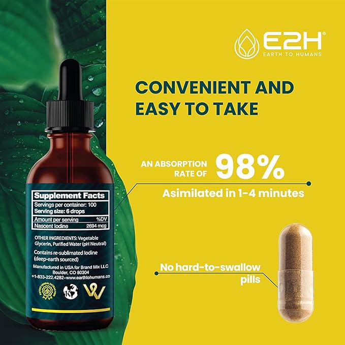 E2H Vegan Liquid Iodine - Thyroid Support and Cognitive Function - Boost Your Metabolism and Energy Levels - Vegan - Non-GMO (3 Bottles)