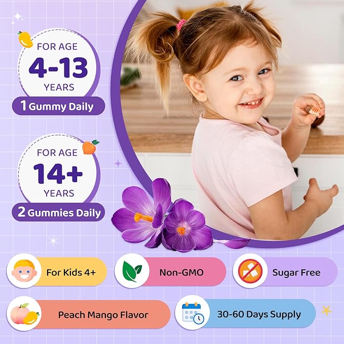 Saffron Gummies for Kids & Adults, 20-in-1 Saffron Supplements with 88.5mg Saffron Extract, B6, B12, C, D3, Magnesium for Calm, Focus, Nerve, Sugar Free, Vegan, Non-GMO, Peach Mango Flavor, 60 Counts