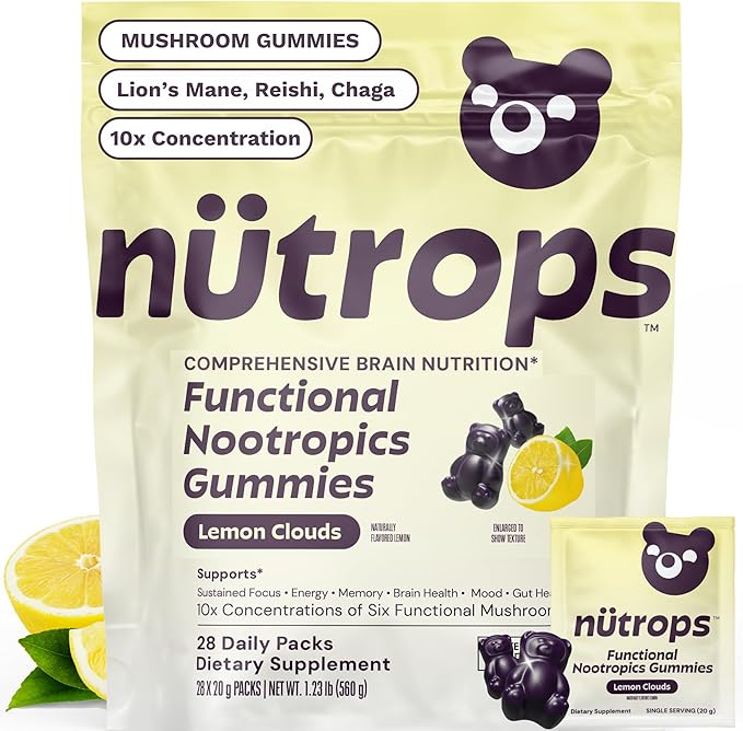 Grüns Nutrops Lions Mane Mushroom Gummies for Adults, Functional Nootropics, Herbal Brain Supplement for Energy, Brain Health, Cognitive, Memory & Focus, Reishi, Chaga, Cordyceps, Coriolus, 28 Count