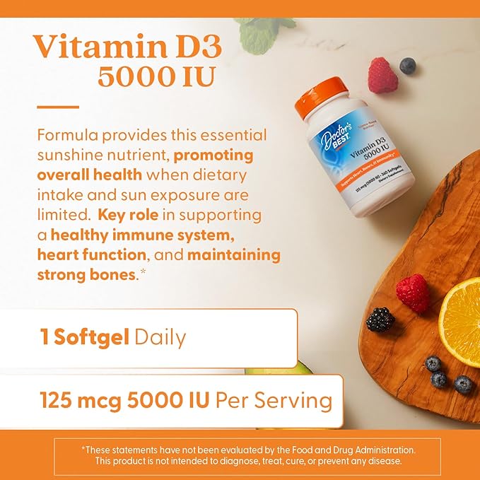 Doctor's Best Vitamin D3 5000 IU Softgels for Men & Women - Vitamin D Supplement for Immune System & Heart Health Support, 125 mcg per Serving, VIT D 3, Non GMO, Gluten Free, Soy Free - 360 Softgels