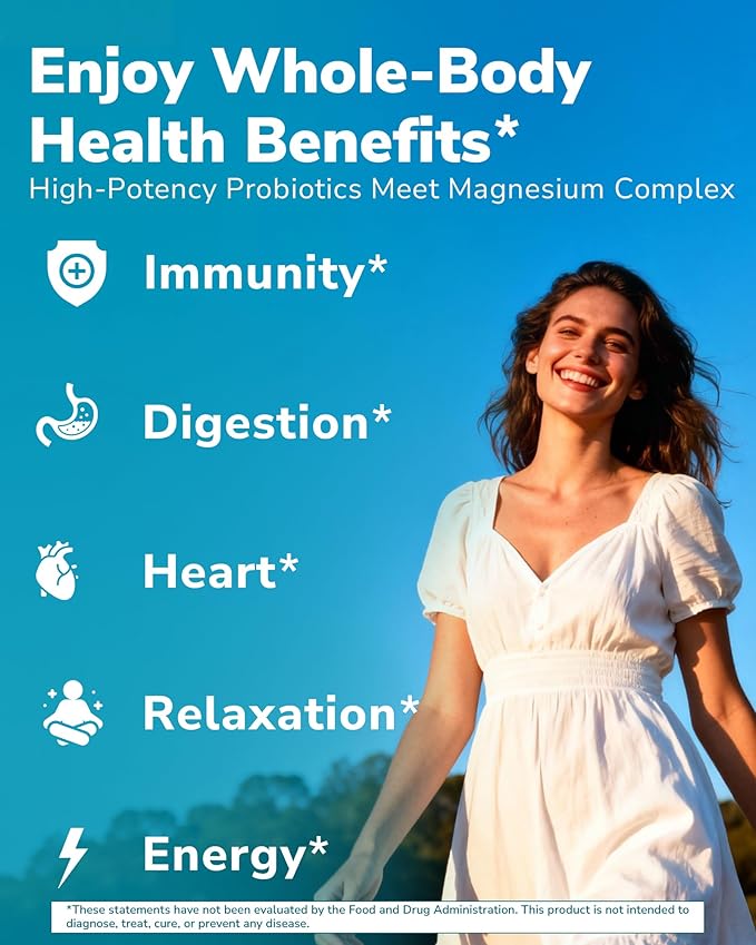Vitalibre Probiotic with Magnesium, 50 Billion CFU, 9 Strains, Magnesium Glycinate Citrate Malate Taurate, for Digestion, Immunity, Bone, Energy & Recovery, 60 Vegan Capsules, Non-GMO