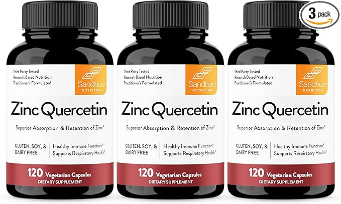 Sandhu's Zinc Quercetin 120 Vegetarian Capsules (Pack of 3) | High Absorption Zink Supplements for Immunity and Seasonal Allergy | Antioxidant Immune Support for Men and Women | Easy to Swallow