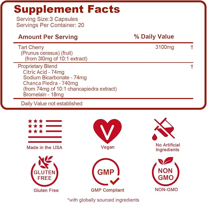 5 in 1 Tart Cherry Extract 3100mg with Bromelain & Chanca Piedra - Support Healthy Uric Acid Levels Already Within Normal Range, Joint Comfort, Non-GMO Vegan Gluten-Free, 60 Capsules