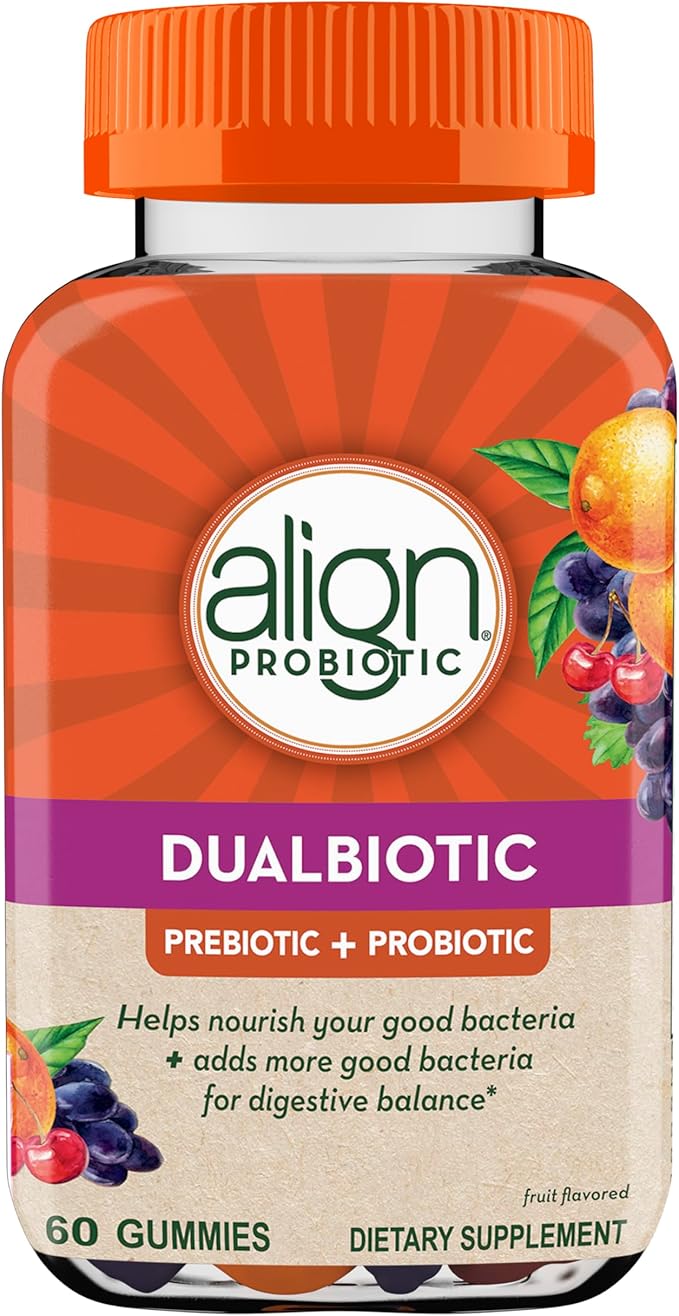 Align Dualbiotic, Prebiotics and Probiotics for Women and Men, Probiotics for Digestive Health, Prebiotics Help Nourish Good Bacteria, Natural Fruit Flavors, 60 Probiotic Gummies (Pack of 12)