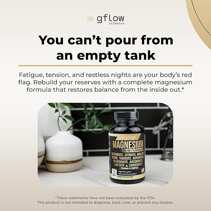 gflow vitamins Magnesium Complex Supplement - 10 Active Forms, Glycinate, Citrate, Malate, Oxide, Taurate, Aspartate, Gluconate, Ascorbate, Lactate, Carbonate, Plus More with Vitamin C B1 B2 B6 B12