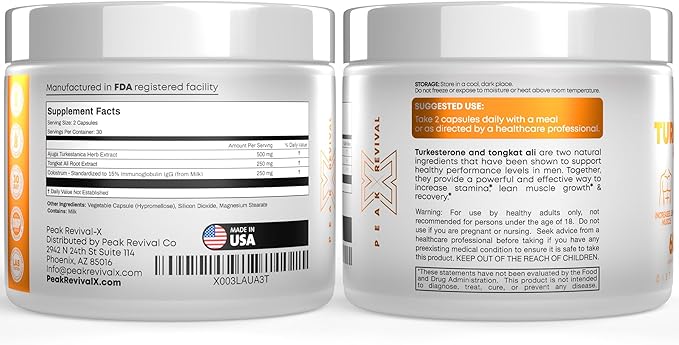 Turkesterone Tongkat Ali Supplement (500mg Ajuga Turkestanica + 250mg Tongkat Ali) 60 Capsules-Turkesterone Supplement 1000mg - Muscle Strength & Recovery Support - Made in The USA BY Peak Revival-X
