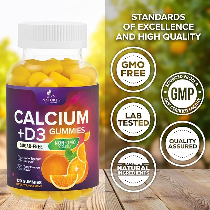 Calcium Supplement Gummies - Sugar Free Calcium Gummy with Vitamin D3 for Best Absorption - Supports Immune Health, Bones & Teeth - Nature's Calcium Chews for Women & Men, Orange Flavor - 120 Gummies