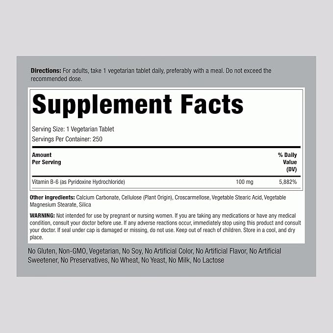 Piping Rock Vitamin B-6 100mg Supplement | 250 Tablets | as Pyridoxine Hydrochloride | Non-GMO & Vegeterian Formula