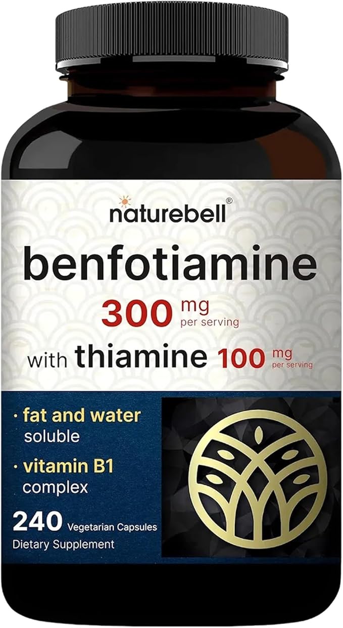 NatureBell Benfotiamine with Thiamine - 240 Vegetarian Capsules - 300mg Benfotiamine & 100mg Thiamine - for Heart Health, Energy Production & Nervous System Support* - Vitamin B1 Complex