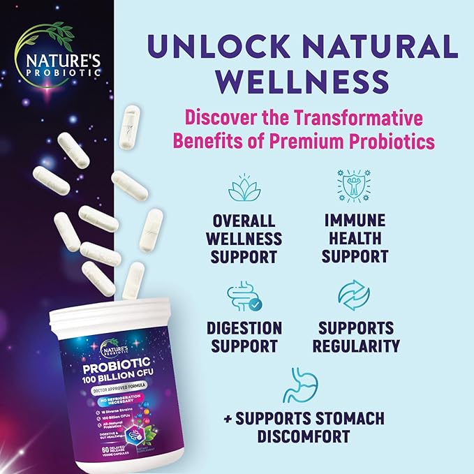 Probiotics for Digestive Health - Probiotic Blend 100 Billion CFU Per Capsule - 16 Premium Strains & Prebiotics for Women & Men, Occasional Constipation, Gas, Gut, Immune Health Support - 60 Capsules