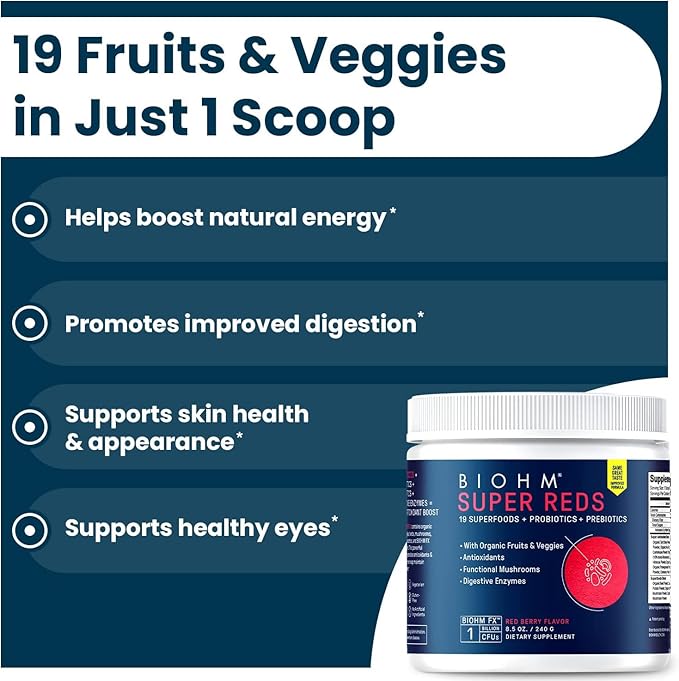 BIOHM Super Reds, Beet Root Powder Antioxidant Smoothie Mix with Tart Cherry Extract and 19 Red Whole Foods Packed with Prebiotics and Probiotics, Non-GMO, Red Berry Flavor, 30 Servings