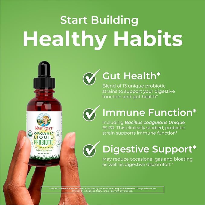 MARYRUTH'S Organics Liquid Probiotic for Ages 4+ | 2 Billion CFU | 13 Probiotic Strains | Gut Health & Digestive Support | Gas & Bloating Support | Vegan | Gluten Free | Travel-Friendly | 20 Servings