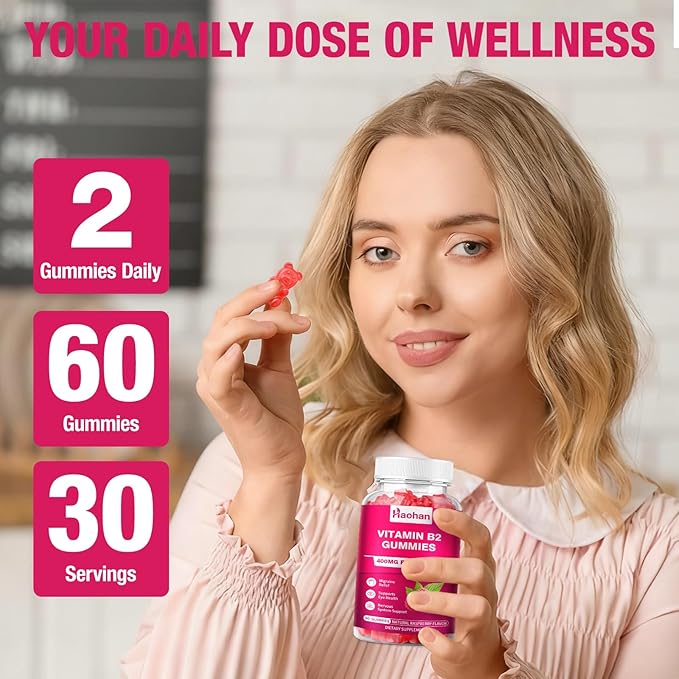 Haohan Vitamin B2 400mg with Magnesium Gummies for Migraine and Nervous System Support in Sugar-Free Vegan Raspberry Flavor, 120 Count for Adults and Kids