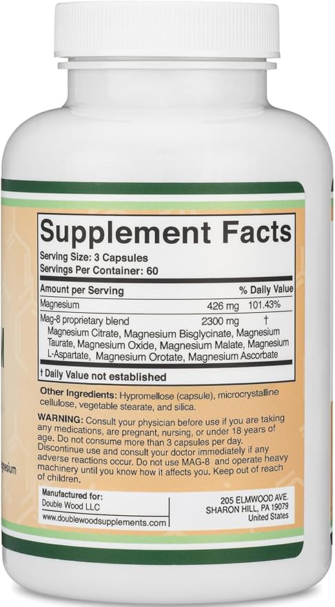 Magnesium Complex Supplement 180 Capsules (426mg Elemental Magnesium Provided by 2,300mg of Eight Different Forms of Magnesium) MAG-8 Provides 100% Daily Recommended Value of Magnesium by Double Wood