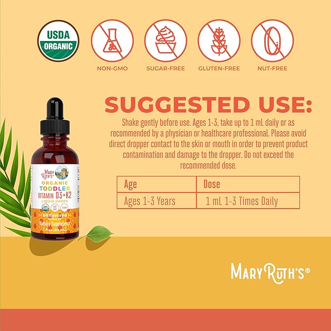 MARYRUTH'S Organics Vitamin D3 | Vitamin K2 | Vitamin D3 K2 Drops | K2 D3 Vitamin Liquid Supplement for Toddlers | Kids Supplement for Calcium Absorption Strong Bones | Vegan | Gluten Free | 1 Fl Oz
