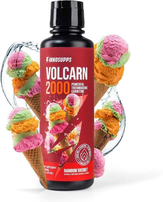 InnoSupps Volcarn 2000 - L-CARNITINE Advanced Energy Liquid | ATP Enhancer with GBEEC | Boosts Energy, Enhances Focus, Caffeine Free, No Artificial Sweeteners | 32 Servings (Rainbow Sherbet)