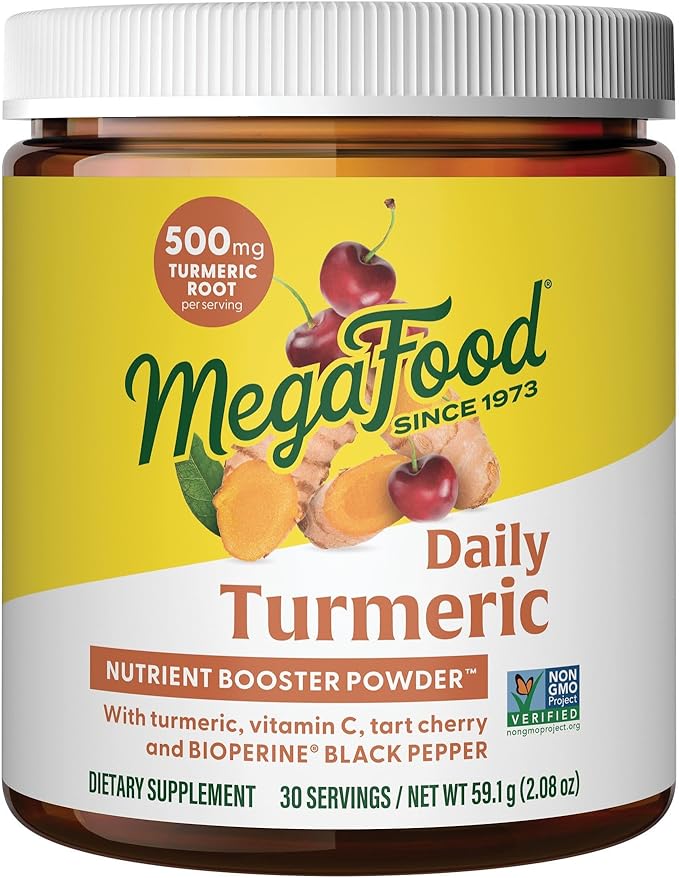 MegaFood Daily Turmeric Powder - Nutrient Booster - Turmeric Supplement with Black Pepper Extract, Vitamin C, Tart Cherry & Holy Basil Leaf, Vegan, Non-GMO, 2.08 Oz (30 Servings)
