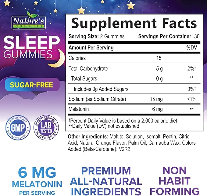 Sleep Gummies for Adults - Sugar Free Melatonin 6 MG Per Serving Gummy Supplement - Natural Zero Sugar Sleeping Gummy for Adults & Kids, Orange Flavored, Extra Strength Sleep Support - 60 Gummies