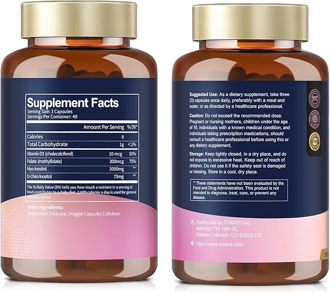 Totaria Myo-Inositol & D-Chiro Inositol Supplement Capules 3075mg, Plus Multivitamin Vitamin D3, Folate, Ideal 40:1 Ratio - Hormonal Balance for Women & Ovarian* Support | Vegan, Non GMO - 120 Caps