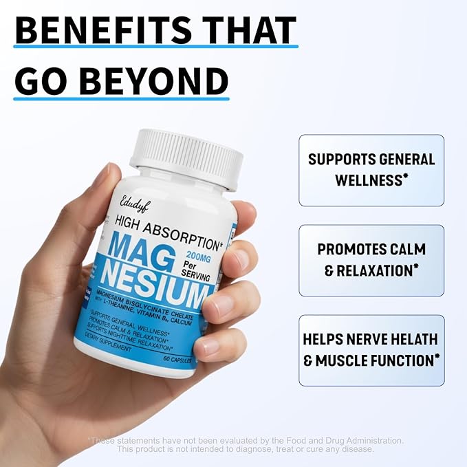 Chelated Magnesium Bisglycinate 200mg - High Absorption Mag Glycinate with L-Theanine, Calcium & Vitamin B6 (P5P) - Supports Calm, Nighttime Relaxation & Muscle Health - 60 Capsules