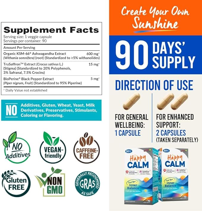 LABO Nutrition Happy Calm with KSM-66 Ashwagandha 5% Withanolides, Saffron Extract and Black Pepper Extract for Stress Relief, Energy, Quality Sleep & Relaxation, Non GMO 90 Veggie Capsules