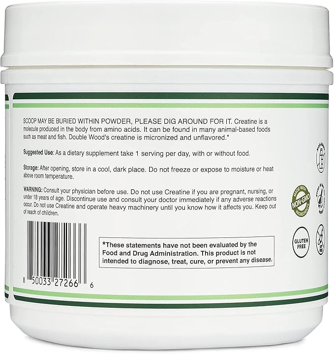 Creatine Monohydrate Powder 1.1lbs (100 Servings of 5 Grams Each) - No Fillers, Vegan Safe, Non-GMO, Gluten Free by Double Wood