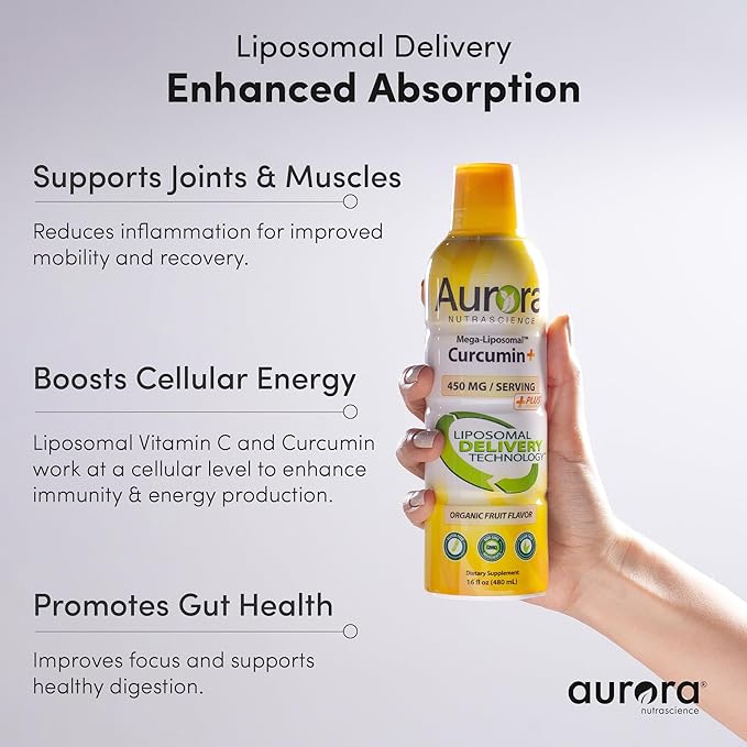 Aurora Nutrascience Mega-Liposomal Curcumin+ Vitamin C with CurcuVail, Supports Healthy Joints, Muscles, GI Tract, and Brain, Organic, Non-GMO, 450mg per Serving, 16 fl oz