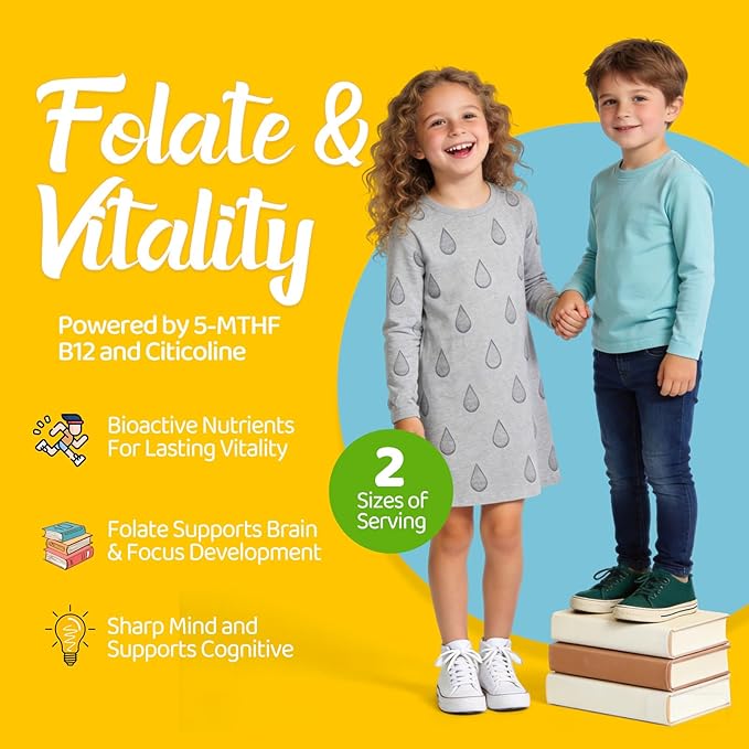 Liposomal L-Methylfolate 5-MTHF Liquid for Kids & Teens – High Absorption Methylated Folate with Citicoline & Methyl B12 – Supports Focus, Clarity & Cognitive Development – Sugar-Free Berry – 2 fl oz