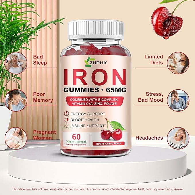 Iron Gummies Supplement for Women, Men & Kids, Iron 65mg with 250mg Vitamin C B6 B12 Folate Healthy Blood, Energy & Immune Support Gentle on Stomach Ferrous Fumarate, 120 Count