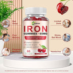 Iron Supplement for Women, Men & Kids, Iron 65mg & Vitamin C 250mg per Serving with B6 B12 Folate- Energy Support for Iron Deficiency, Anemia, Vegan Gummy Cherry Flavor, 60 Count