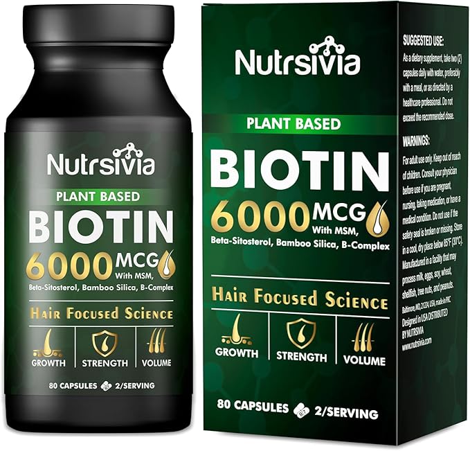 Biotin 6000mcg Hair Growth Supplement with MSM& Bamboo Silica - Hair, Skin & Nail Support for Women & Men, 80 Capsules.