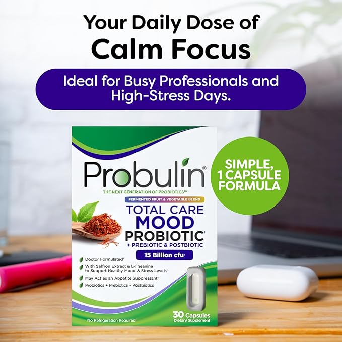 Probulin Mood Probiotics for Women with Saffron, L Theanine, Probiotic, Prebiotic, Postbiotic - Mood Support Supplement & Gut Support - Vegan, Non GMO, 30 Capsules