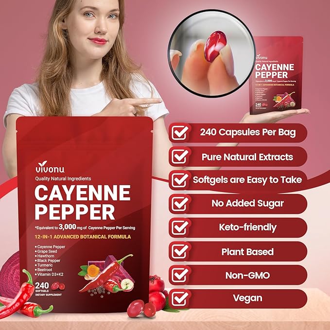 VivoNu Cayenne Pepper Softgels Supplement, Supports Leg Vein, Heart and Blood Vessel Health, with Vitamin E D3+K2 and Extracts of Grape Seed, Hawthorn, Beetroot and Others