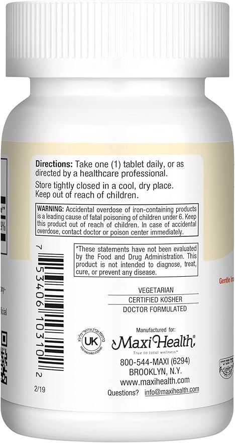 Maxi Health Iron Supplement for Women & Men - Gentle Iron 25 mg for The Stomach - Non Constipating* Pills - Kosher - Non GMO - Vegetarian (100 Tablets)