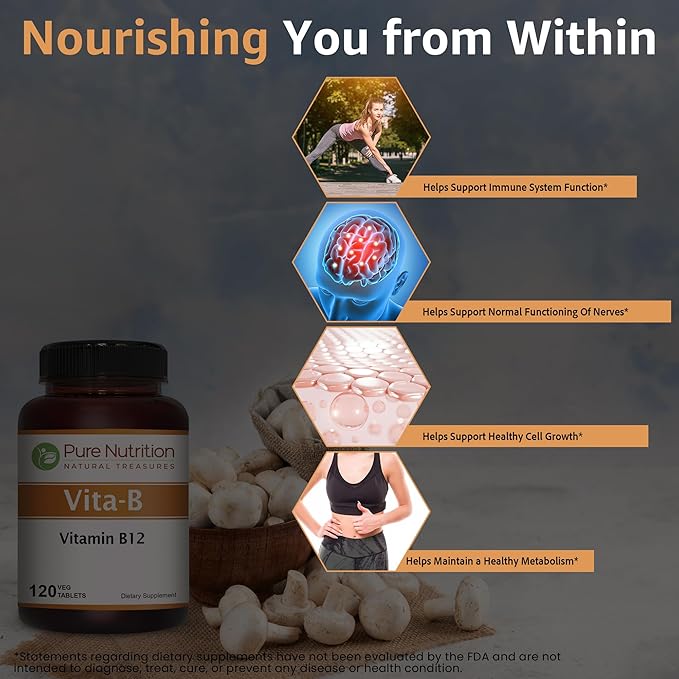 Pure Nutrition Natural Vitamin B12 1500mcg (Methylcobalamin) | 120 Veg Tabs | Vitamin B12 Supplement Helps Support Metabolism, Blood Cells, and Nerves Function* | Non GMO