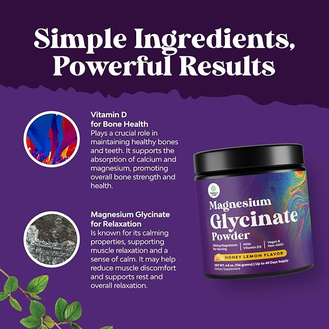 High Absorption Magnesium Glycinate Powder - Vegan Magnesium Powder for Sleep Relaxation & Regularity - Drink Mix Non-GMO Gluten Free & No Artificial Flavors (Honey Lemon) - 136g - 2 Pack