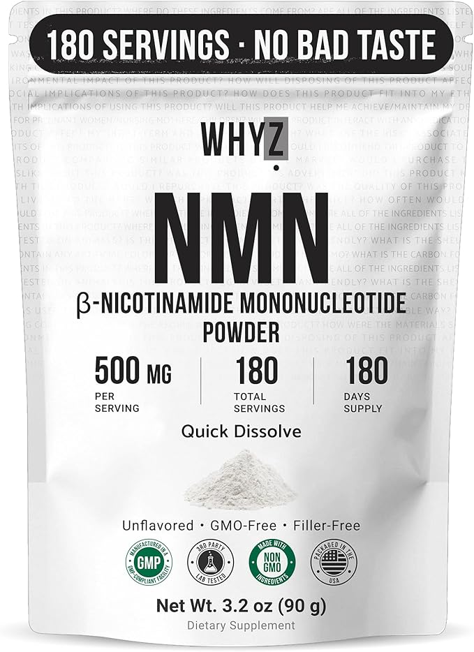 Pure NMN Powder Nicotinamide Mononucleotide Quick Dissolved NMN Supplement Powder 100% Unflavored NMN Supplement Supports NAD+ Levels Vegan Friendly Non-GMO, 180 Servings, 3.2 oz (90g)