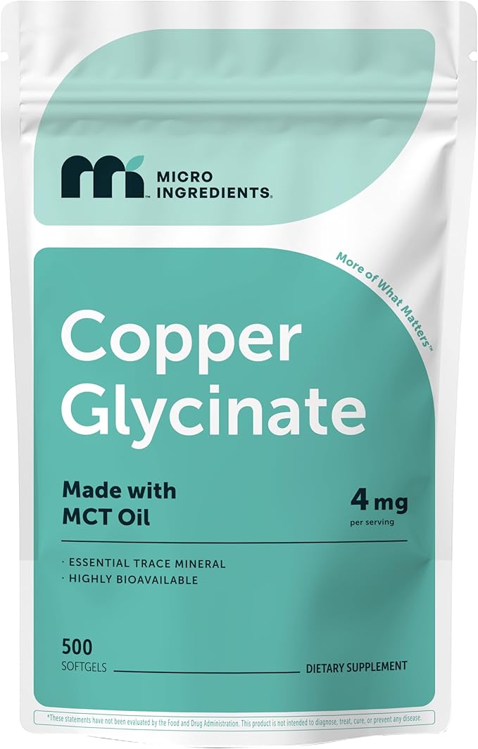 Copper Glycinate with MCT Oil, 500 Softgels | 4 mg Elemental Copper Per Serving | Chelated Copper Mineral Supplement | Essential Trace Mineral | Non-GMO, cGMP Manufactured