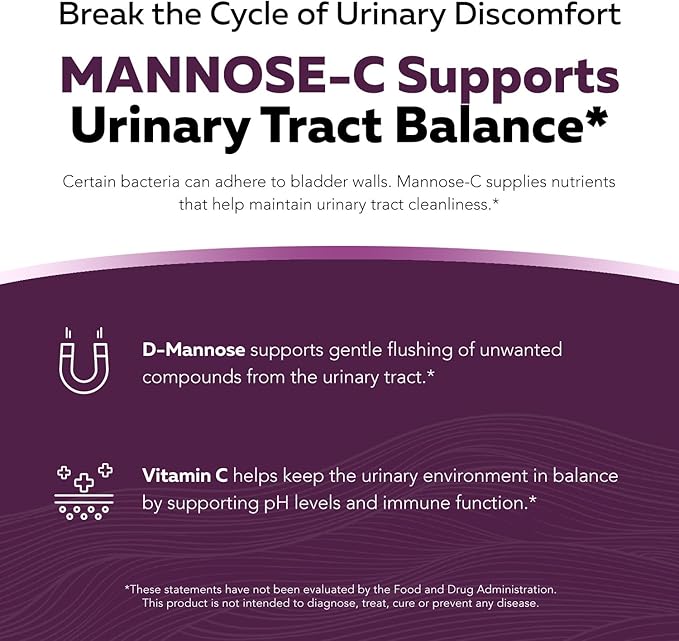 Mannose-C - Organic D Mannose Powder + Whole Food Vitamin C, Natural UTI Support Supplement to Flush & Cleanse Urinary Tract, Certified Organic Urinary Health for Women, Vegan, Non-GMO (60 Servings)
