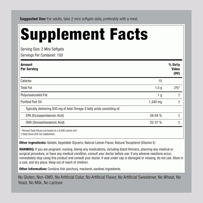 Piping Rock Mini Fish Oil 1340mg | 200 Softgels | Omega-3 Supplement for Men & Women | Lemon Flavor | Non-GMO and Gluten Free