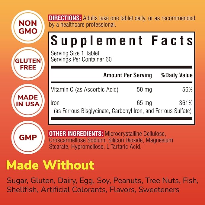 Iron Supplement, 3-in-1 65mg Iron Complex Ferrous Bisglycinate, Sulfate, Carbonyl Iron with Natural Vitamin C, Stomach Friendly Iron Pills for Blood Building, High Absorption, Non GMO, 60 Vegan Tabs