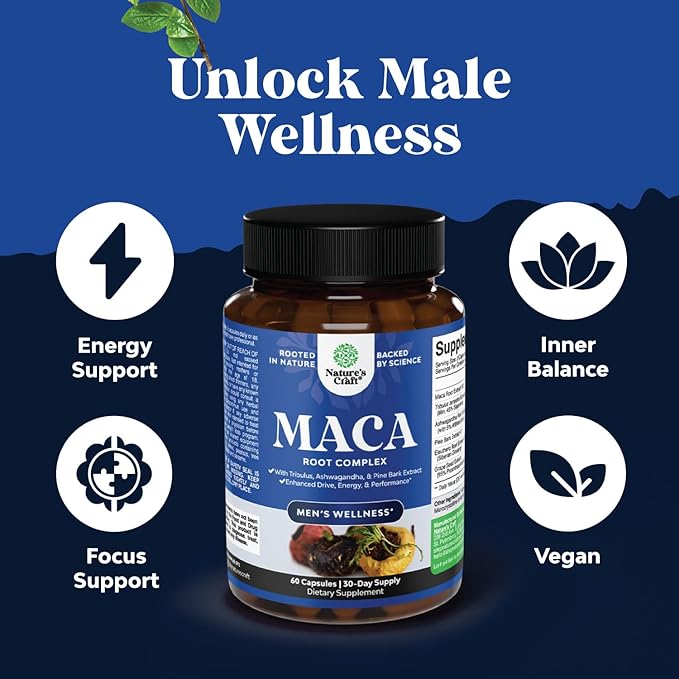 Potent Black Maca Root Capsules for Men - Herbal Wellness Supplement with Siberian Ginseng Ashwagandha and Black Maca Root - Men’s Wellness Supplement to Support General Health - 60 Count