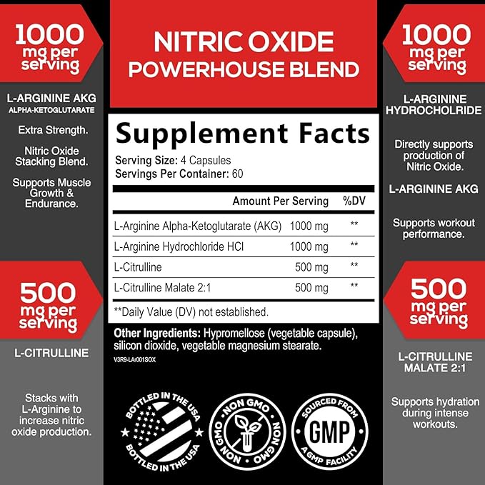 Extra Strength Nitric Oxide Booster - 3X Strength L-Arginine AKG & Citrulline Malate - Men & Women Premium Pre Workout Nitric Booster - Natural Energy & Muscle Support, Bottled in USA - 240 Capsules