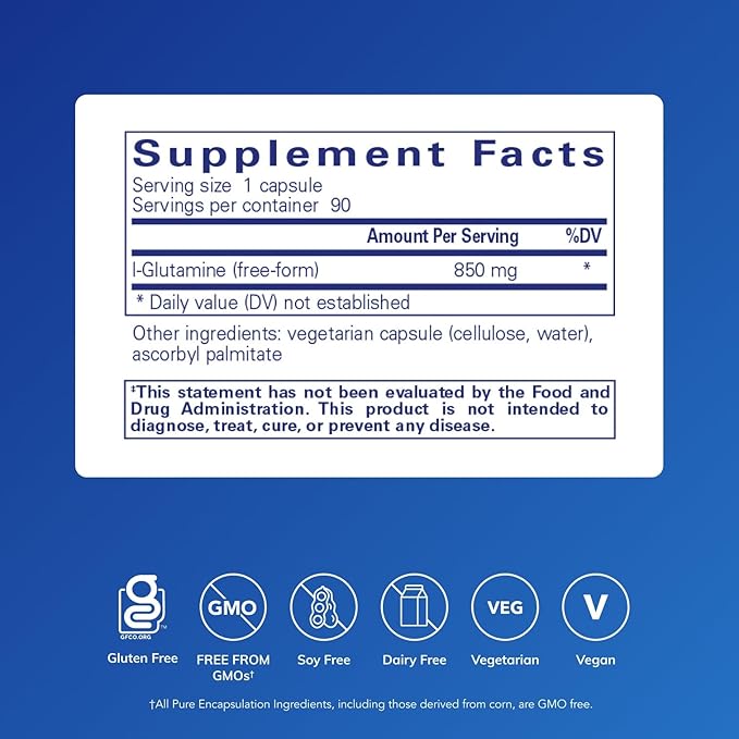 Pure Encapsulations L-Glutamine 850 mg | Supplement for Immune and Digestive Support, Gut Health and Lining Repair, Metabolism Boost, and Muscle Support* | 90 Capsules