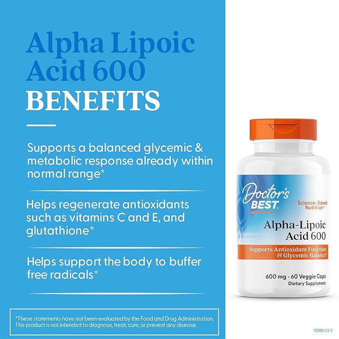 Doctor's Best Alpha Lipoic Acid Supplement 600mg - Alpha-Lipoic Acid Caps for Men & Women, ALA Antioxidant Support for Nerve Health, Aids in Cellular Function, Non GMO, Gluten Free - 60 Veg Capsules